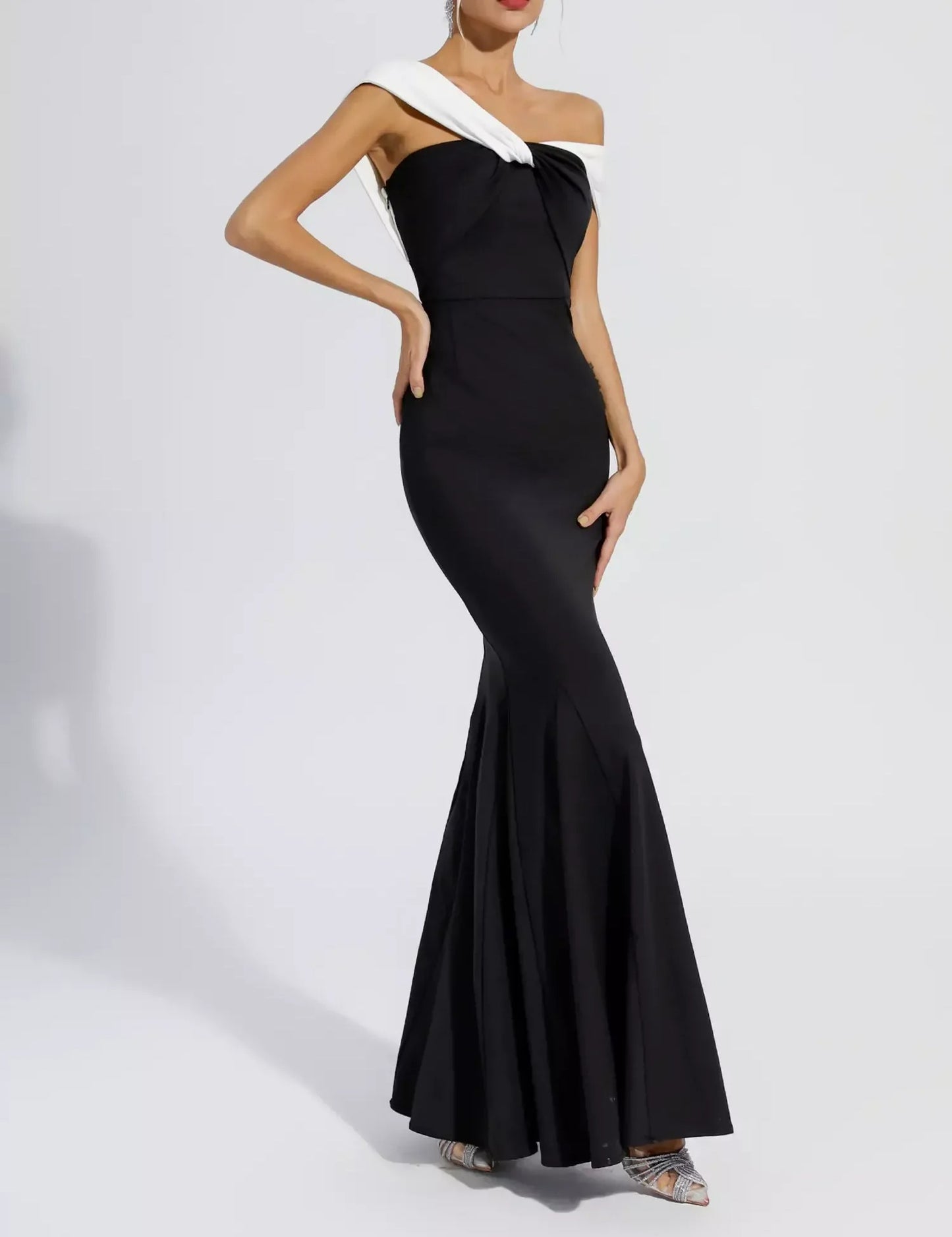 Black off-shoulder maxi dress with contrast draped neckline