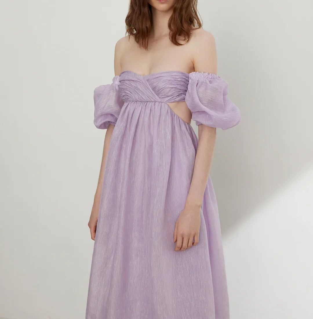 Light lilac off-shoulder maxi dress with puff sleeves