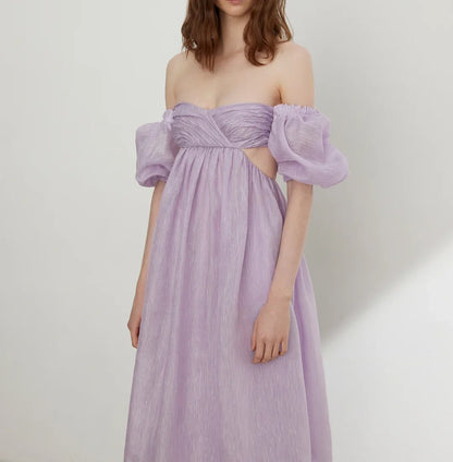 Light lilac off-shoulder maxi dress with puff sleeves