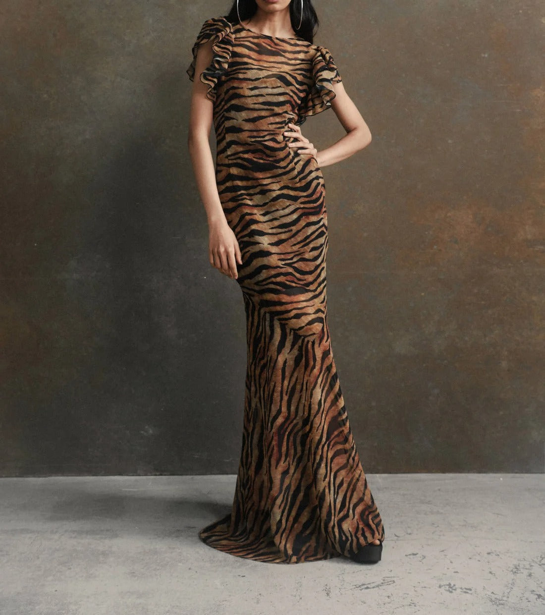 Brown and black tiger print maxi dress with flutter sleeves