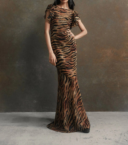 Brown and black tiger print maxi dress with flutter sleeves
