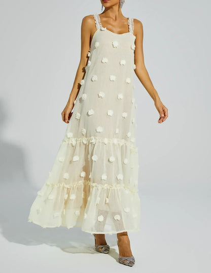 Cream sleeveless midi dress with textured dot pattern