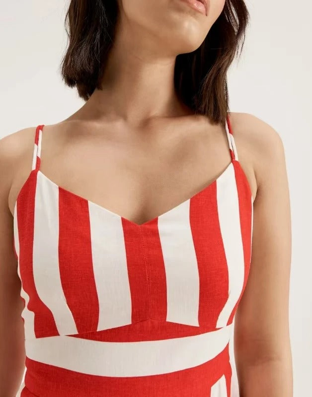 Red and white striped sleeveless maxi dress with fitted waist