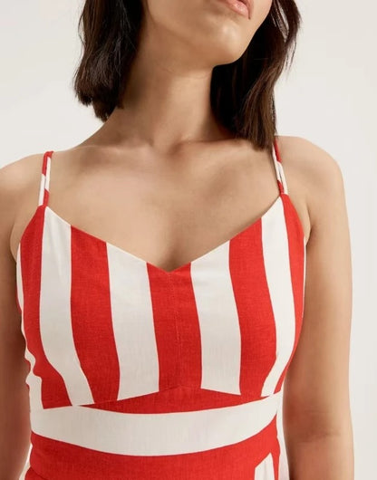 Red and white striped sleeveless maxi dress with fitted waist