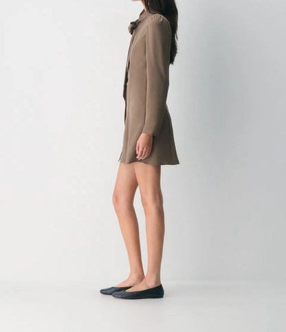 Brown long-sleeve mini dress with tie-neck detail