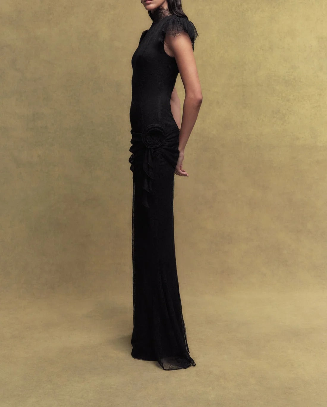 Black lace maxi dress with high neckline and cap sleeves