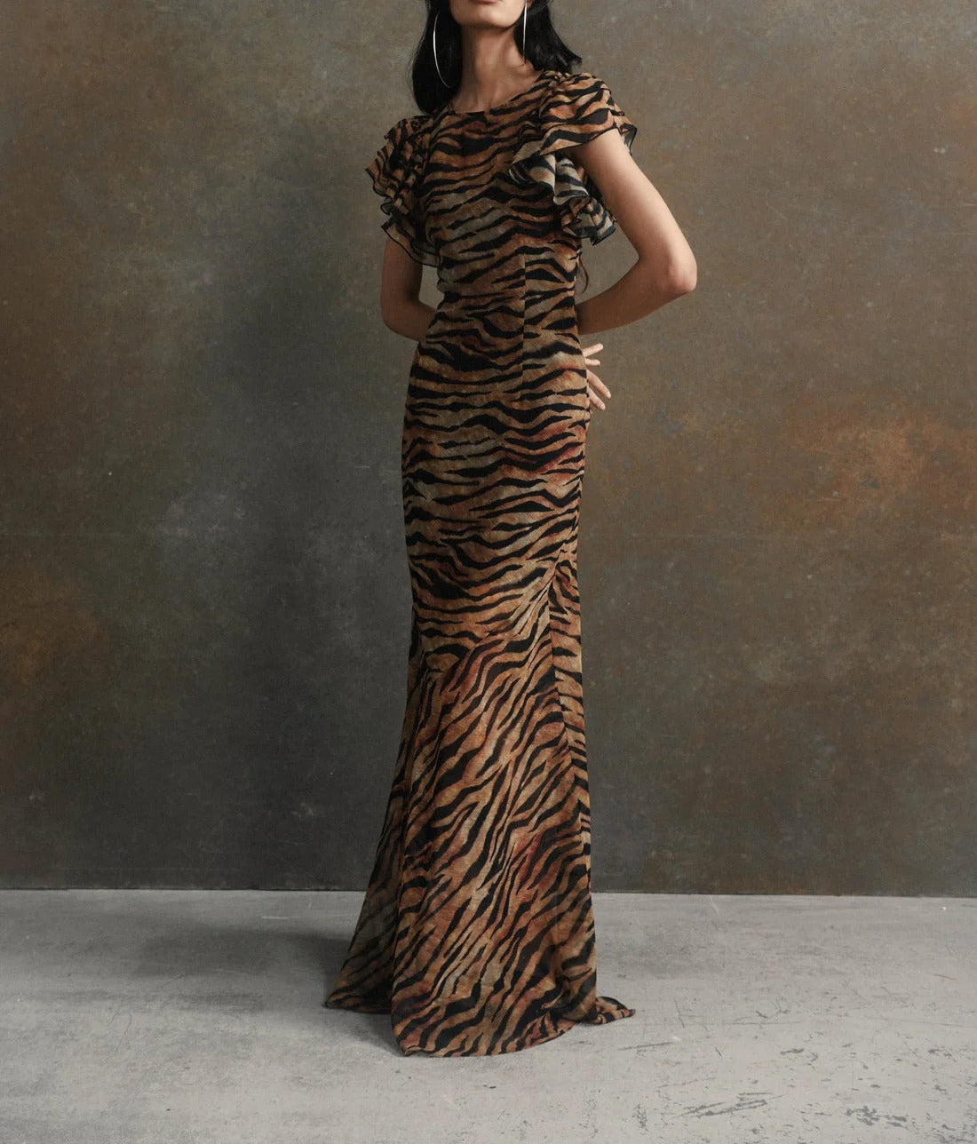 Brown and black tiger print maxi dress with flutter sleeves