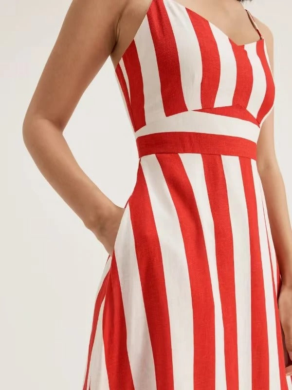 Red and white striped sleeveless maxi dress with fitted waist