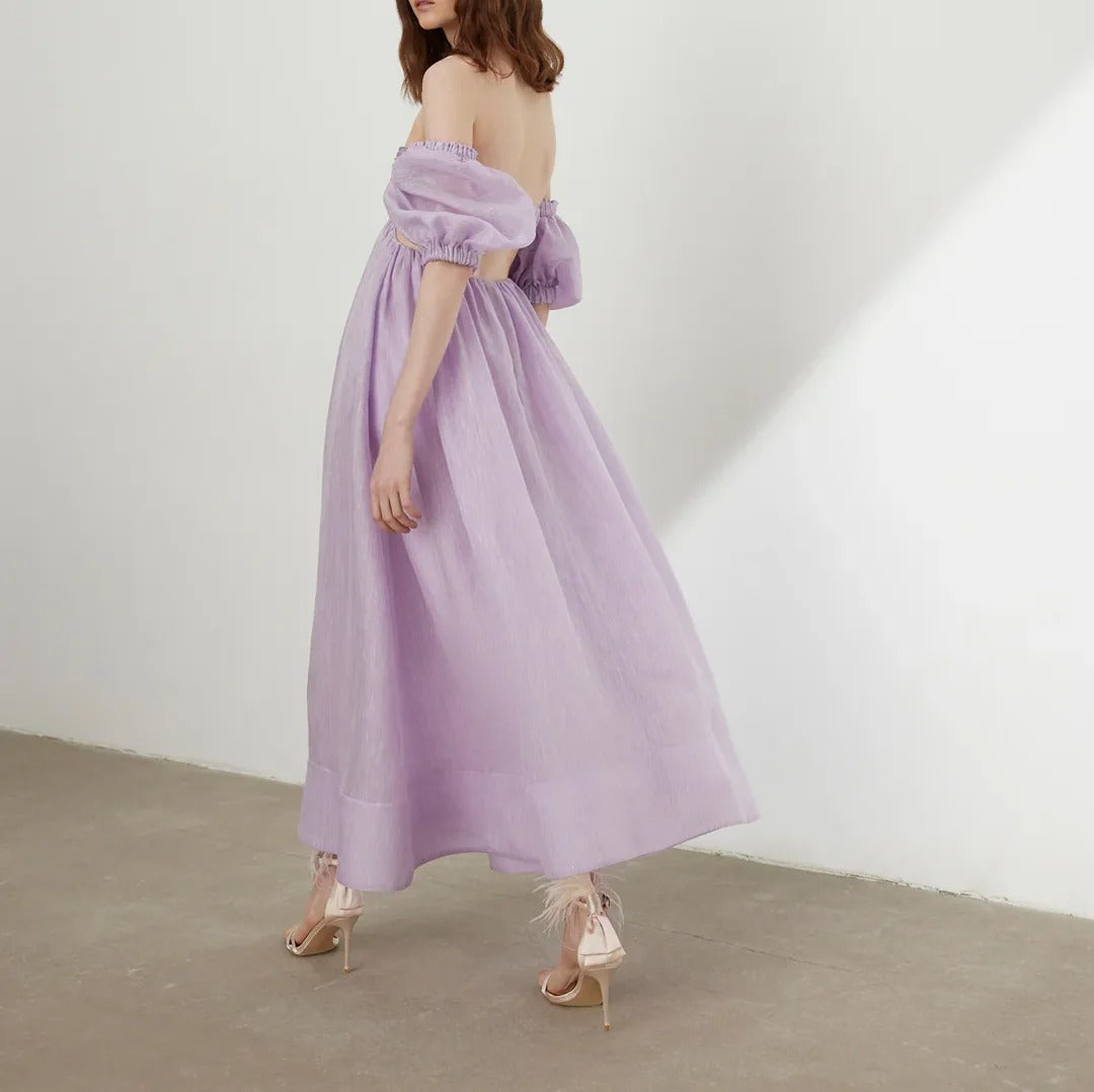 Light lilac off-shoulder maxi dress with puff sleeves
