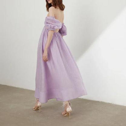 Light lilac off-shoulder maxi dress with puff sleeves