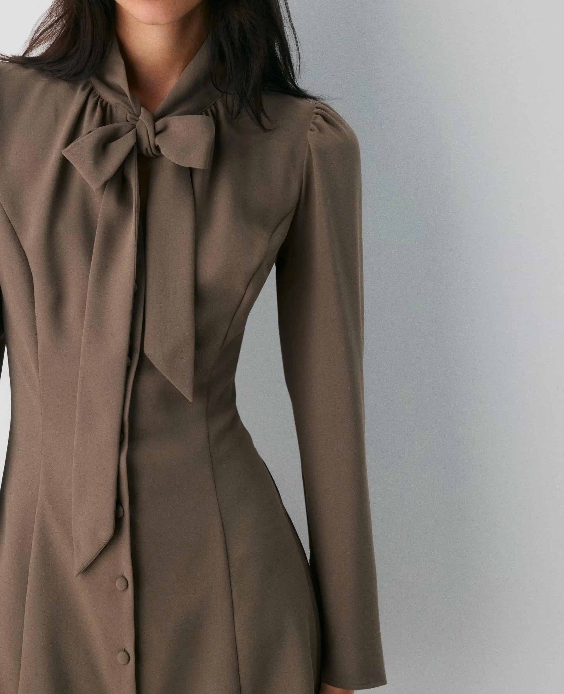 Brown long-sleeve mini dress with tie-neck detail