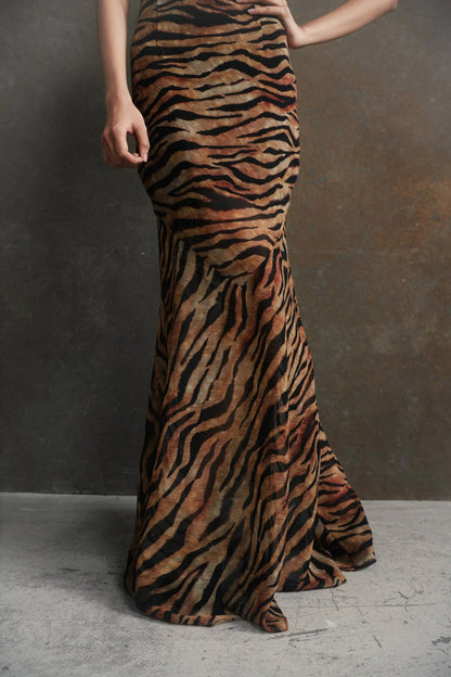 Brown and black tiger print maxi dress with flutter sleeves