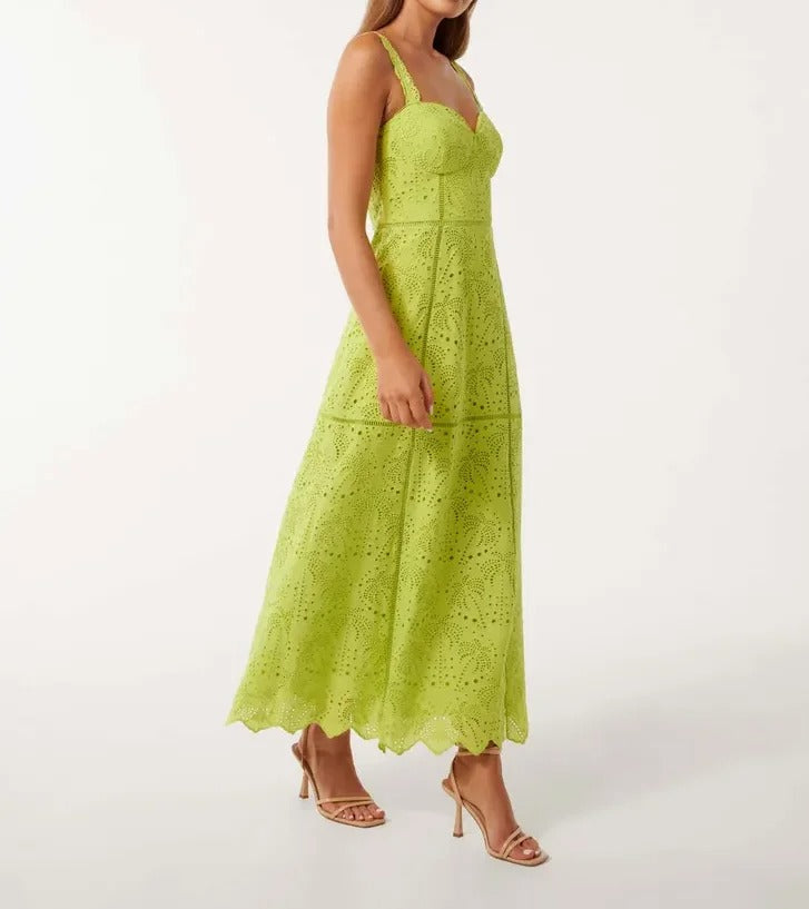 Light green lace midi dress with wide straps
