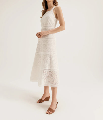 Cream sleeveless lace midi dress with fitted silhouette