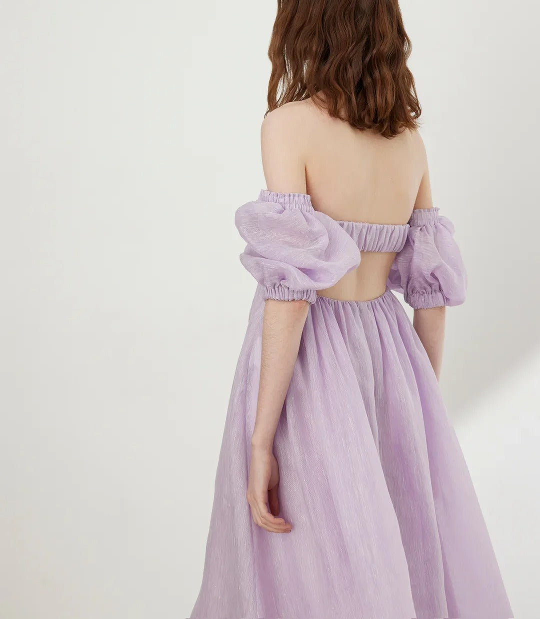 Light lilac off-shoulder maxi dress with puff sleeves