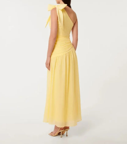 Light yellow one-shoulder maxi dress with draped bodice