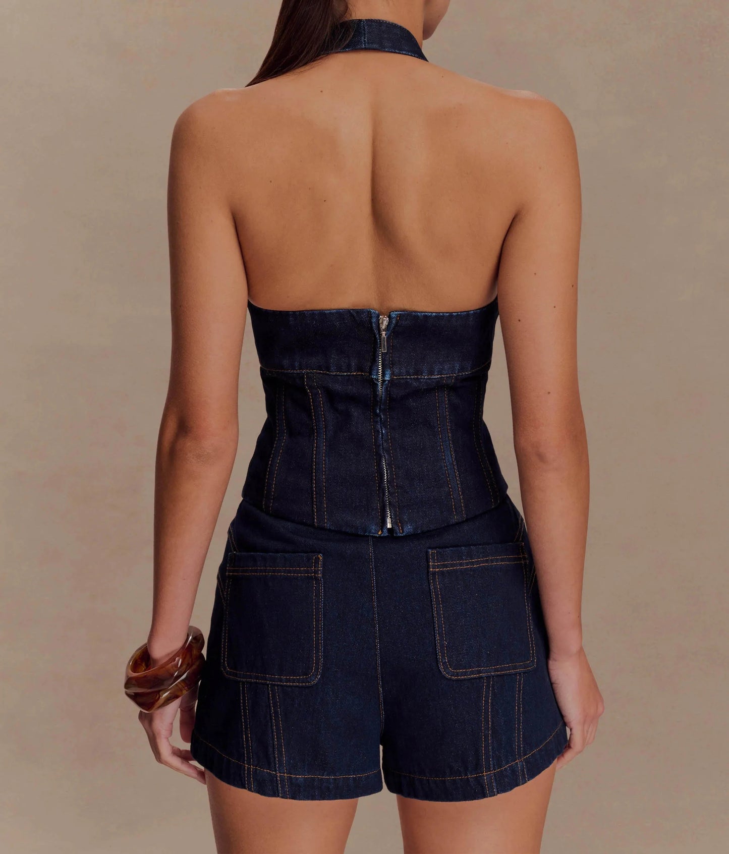 Dark denim halter top and shorts set