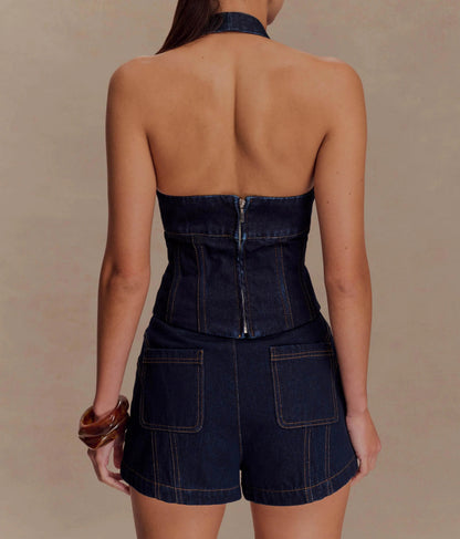 Dark denim halter top and shorts set