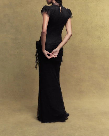 Black lace maxi dress with high neckline and cap sleeves