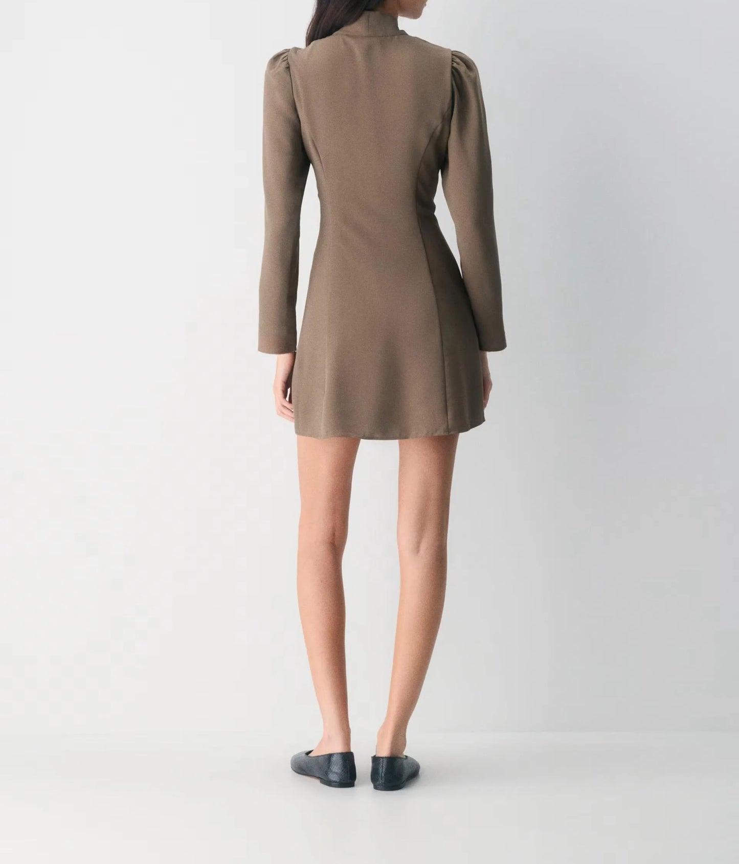 Brown long-sleeve mini dress with tie-neck detail