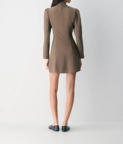 Brown long-sleeve mini dress with tie-neck detail