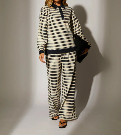 Cream striped long-sleeve top and wide-leg pants set