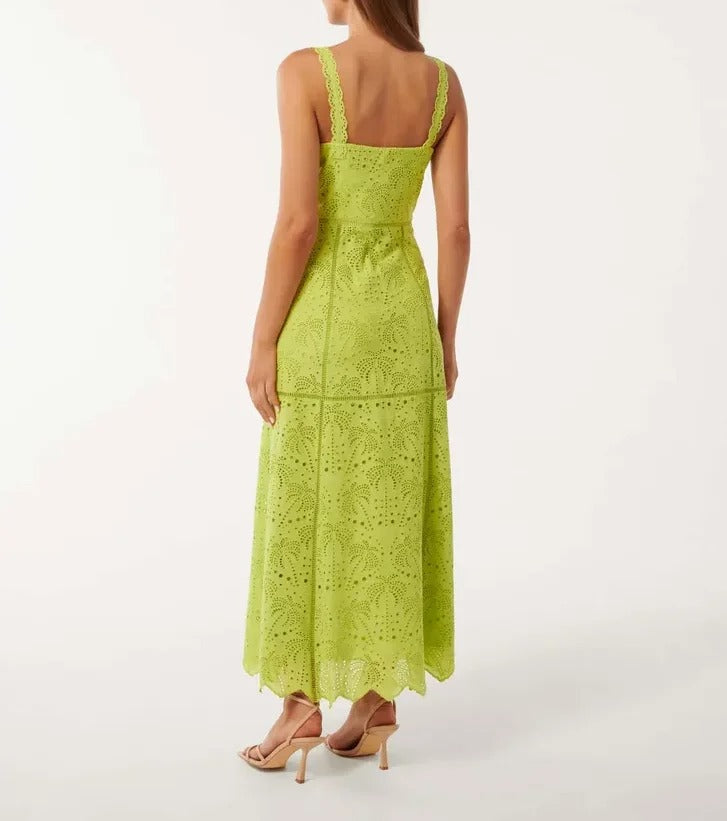 Light green lace midi dress with wide straps