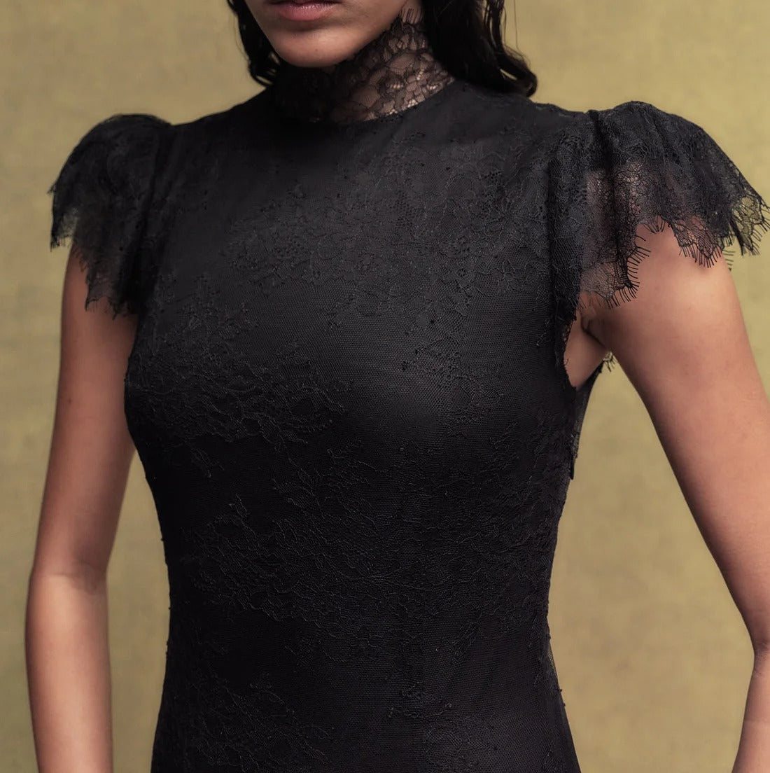 Black lace maxi dress with high neckline and cap sleeves