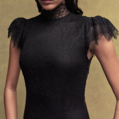 Black lace maxi dress with high neckline and cap sleeves