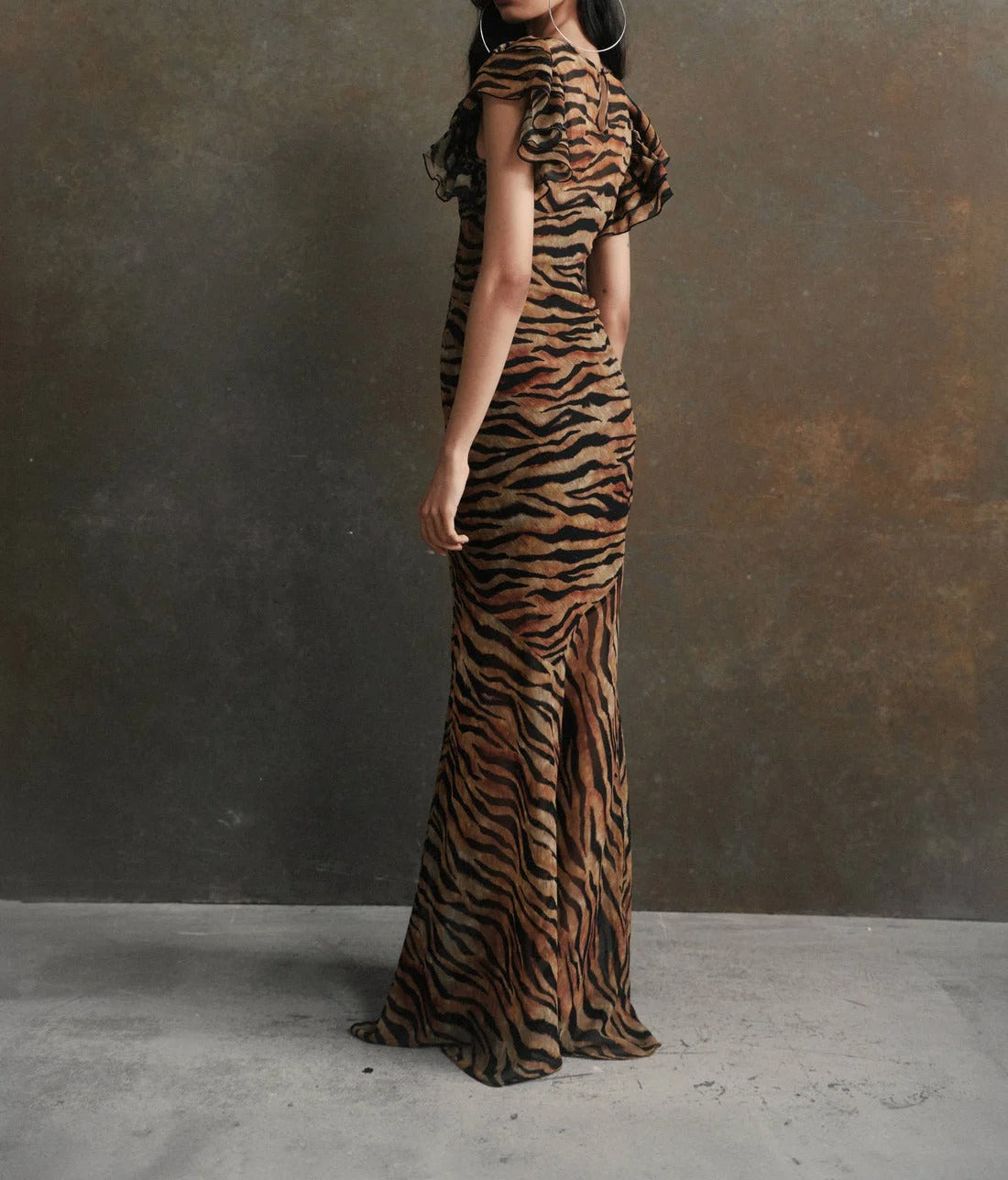 Brown and black tiger print maxi dress with flutter sleeves
