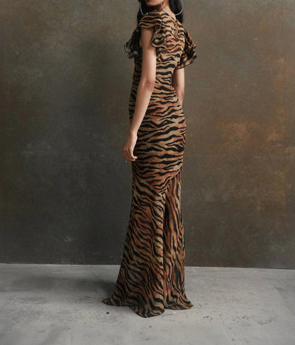 Brown and black tiger print maxi dress with flutter sleeves