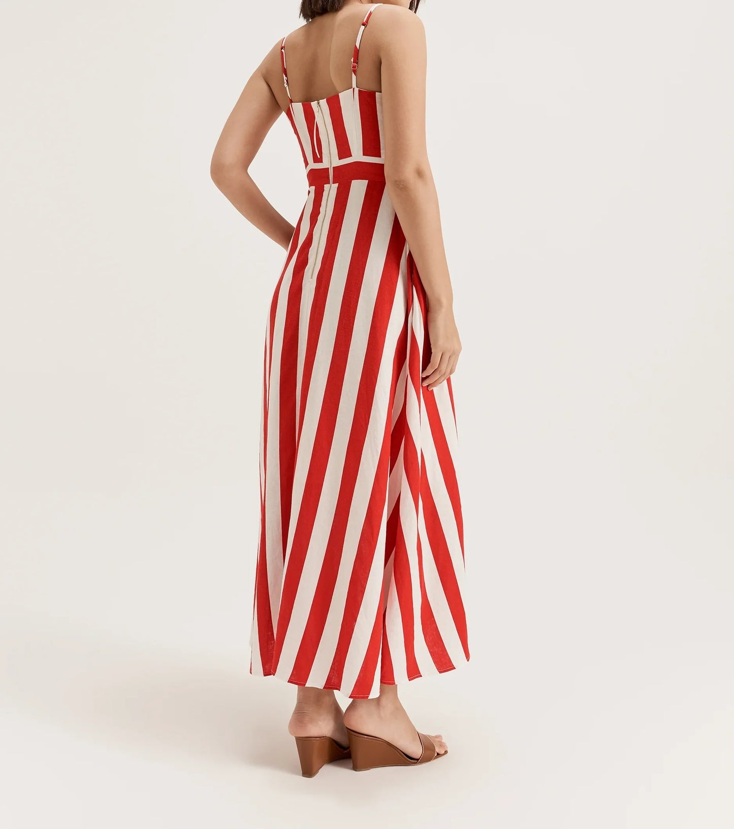 Red and white striped sleeveless maxi dress with fitted waist