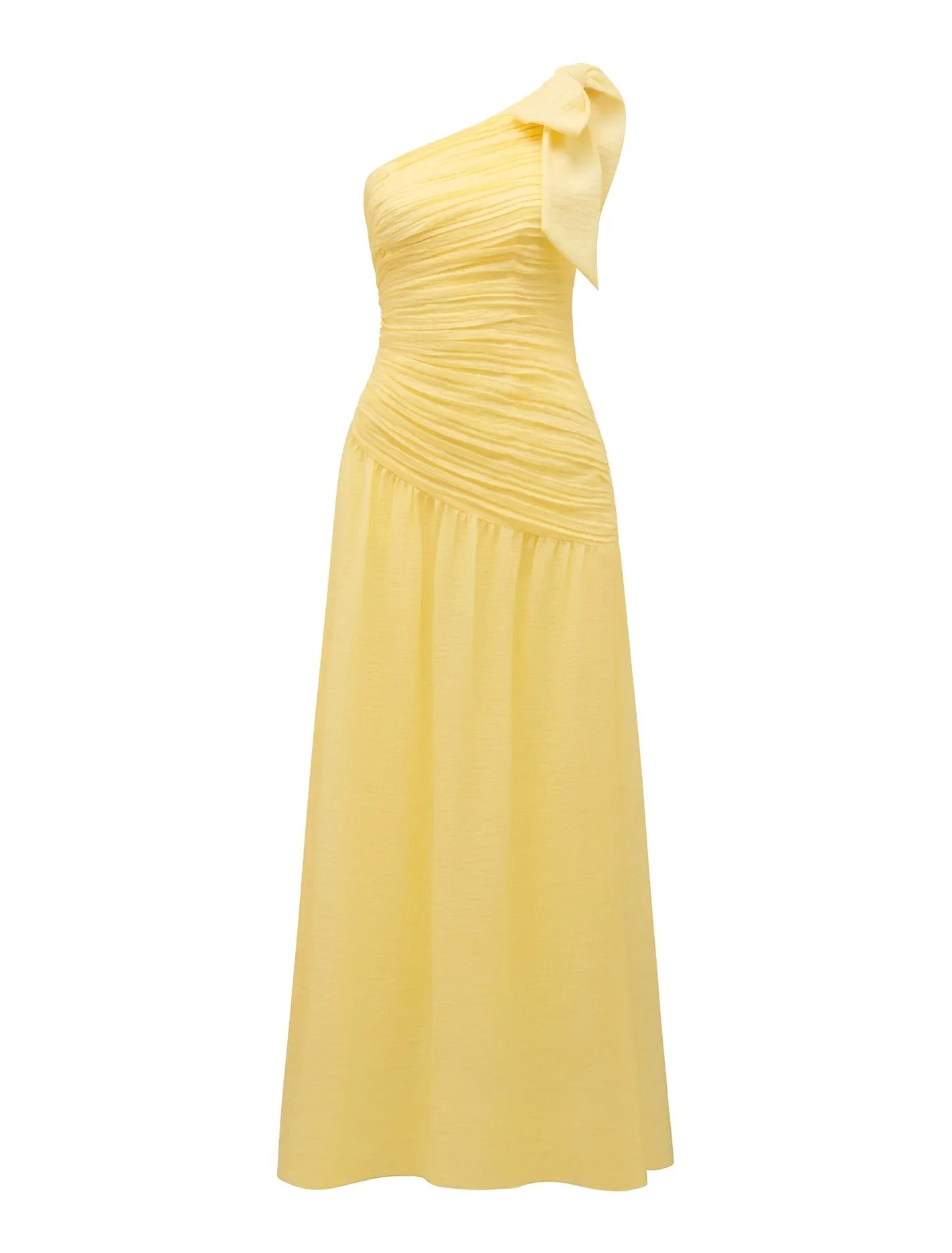 Light yellow one-shoulder maxi dress with draped bodice