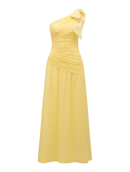 Light yellow one-shoulder maxi dress with draped bodice