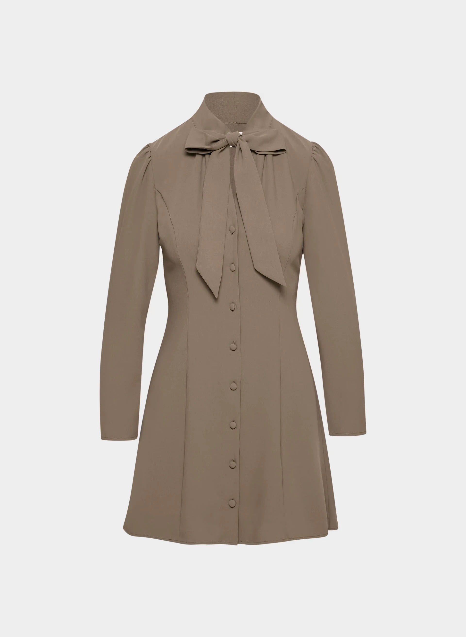 Brown long-sleeve mini dress with tie-neck detail