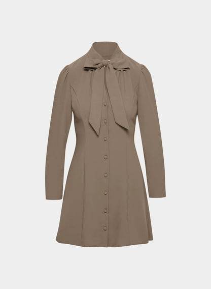 Brown long-sleeve mini dress with tie-neck detail