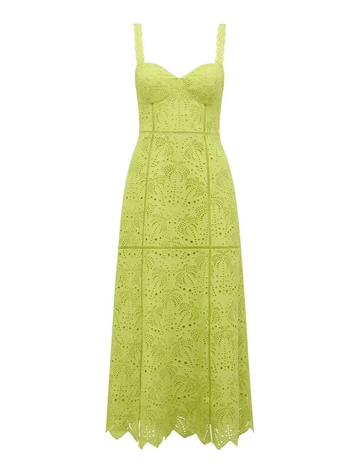 Light green lace midi dress with wide straps