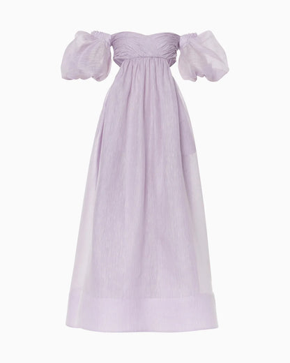 Light lilac off-shoulder maxi dress with puff sleeves